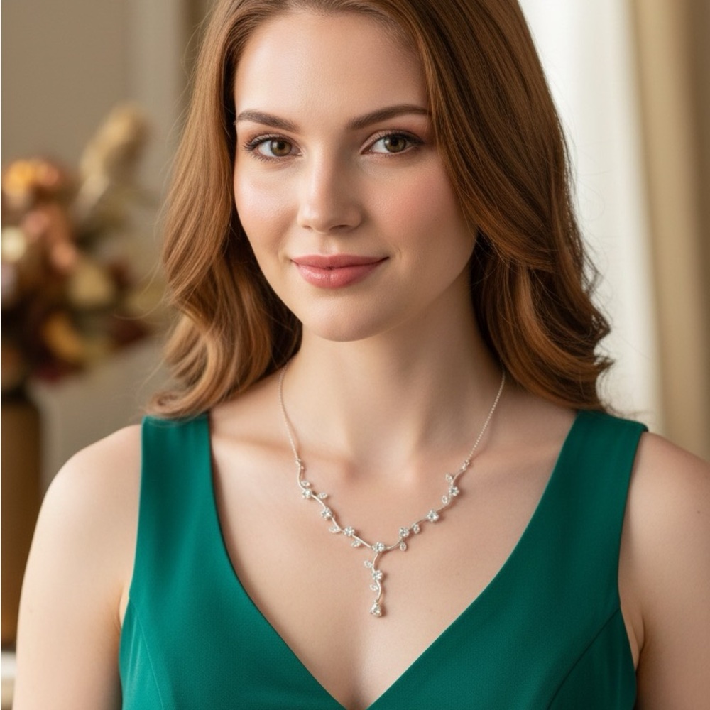 Avon Silver-Tone Floral Rhinestone Leaf Necklace with Elegant Y Design